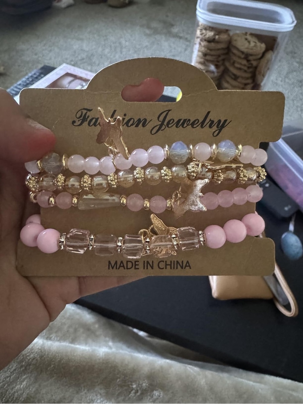 Fashion Jewelry Pink and Gold Layered Beaded Bracelet Set